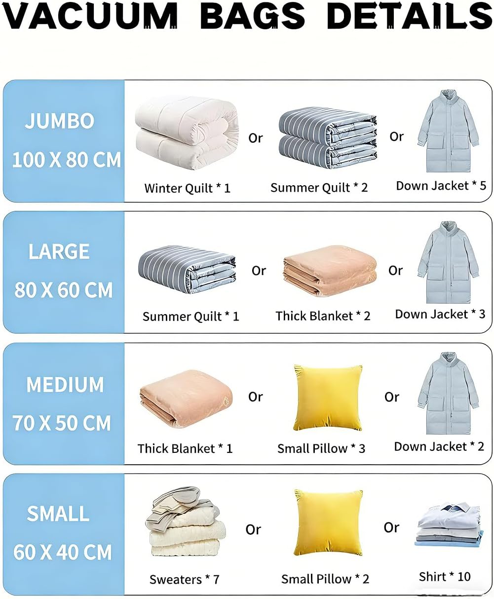 Vacuum Bags for Travel with Pump,8 Pack Vacuum Storage Bags for Bedding and Clothing,Space Saver Bags for Travel and Home(with Hand Pump, Medium 50 * 70)