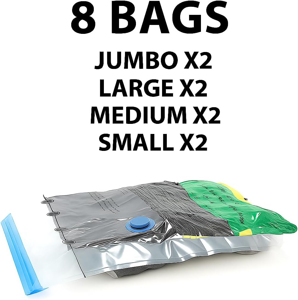 Vacuum Bags for Travel with Pump,8 Pack Vacuum Storage Bags for Bedding and Clothing,Space Saver Bags for Travel and Home(with Hand Pump, Medium 50 * 70)