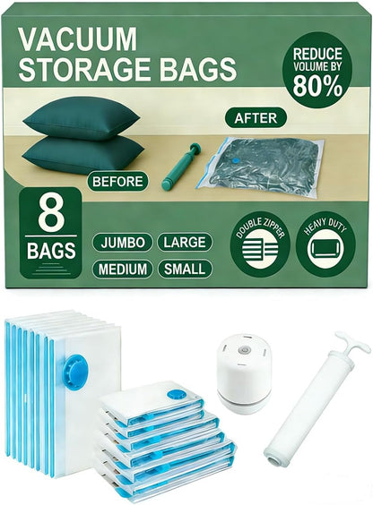 Vacuum Bags for Travel with Pump,8 Pack Vacuum Storage Bags for Bedding and Clothing,Space Saver Bags for Travel and Home(with Hand Pump, Medium 50 * 70)