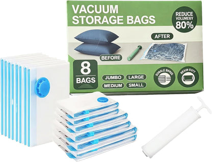 Vacuum Bags for Travel with Pump,8 Pack Vacuum Storage Bags for Bedding and Clothing,Space Saver Bags for Travel and Home(with Hand Pump, Medium 50 * 70)
