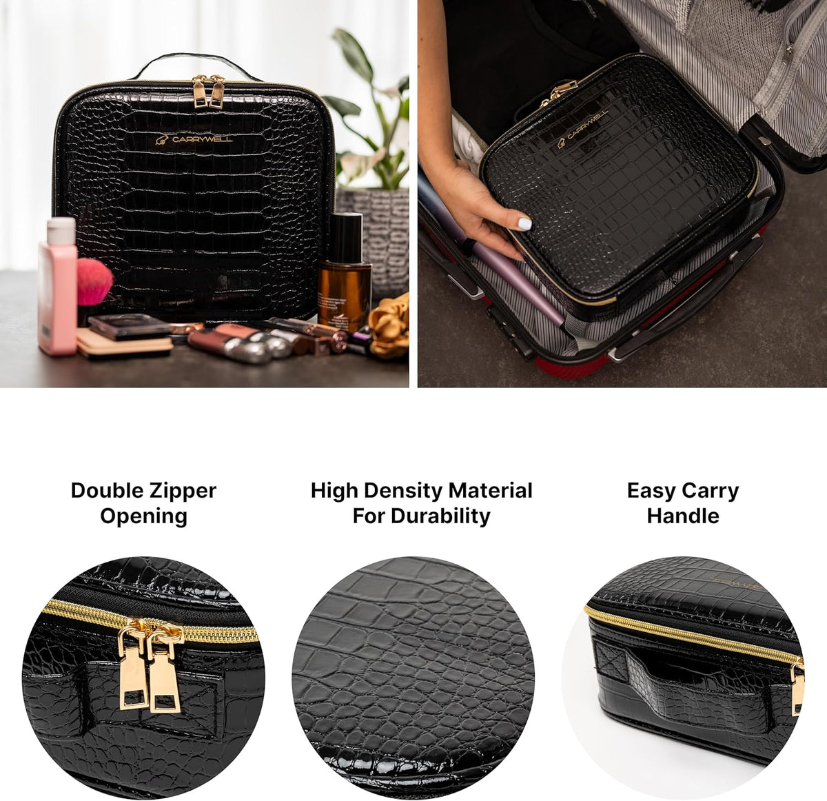 Makeup Bag Travel Case, Not-Made In China, Hard Train Case for Cosmetics, Portable Beauty Artists Organizer, Storage Box With Adjustable Dividers For Make Up and Brushes, Small Marble