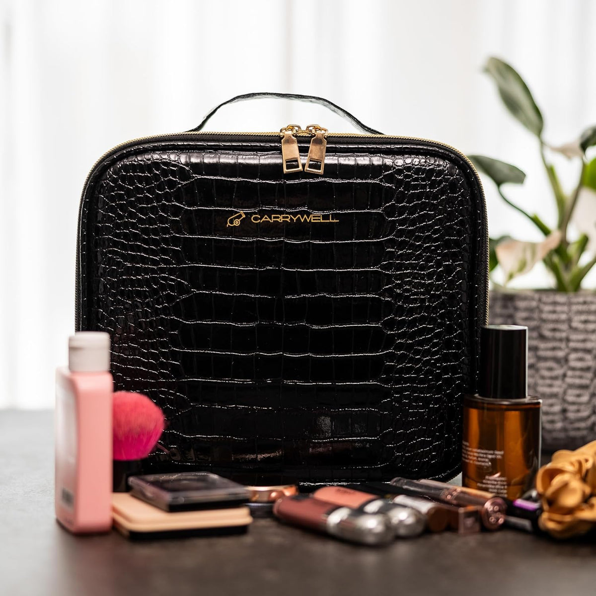Makeup Bag Travel Case, Not-Made In China, Hard Train Case for Cosmetics, Portable Beauty Artists Organizer, Storage Box With Adjustable Dividers For Make Up and Brushes, Small Marble
