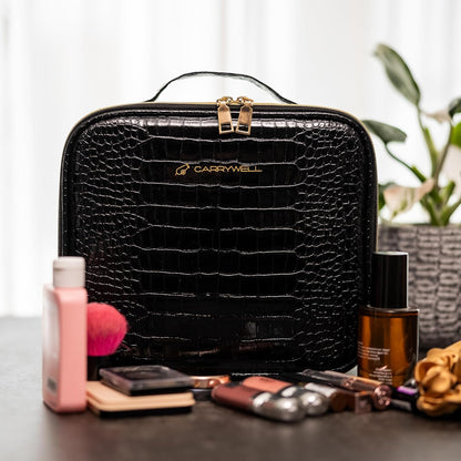 Makeup Bag Travel Case, Not-Made In China, Hard Train Case for Cosmetics, Portable Beauty Artists Organizer, Storage Box With Adjustable Dividers For Make Up and Brushes, Small Marble