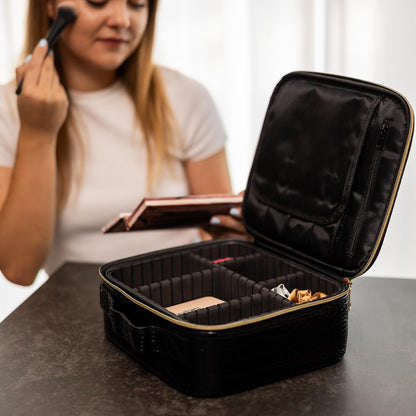 Makeup Bag Travel Case, Not-Made In China, Hard Train Case for Cosmetics, Portable Beauty Artists Organizer, Storage Box With Adjustable Dividers For Make Up and Brushes, Small Marble