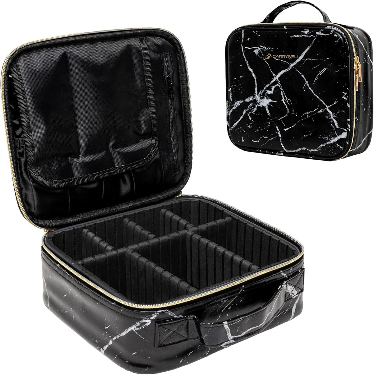 Makeup Bag Travel Case, Not-Made In China, Hard Train Case for Cosmetics, Portable Beauty Artists Organizer, Storage Box With Adjustable Dividers For Make Up and Brushes, Small Marble