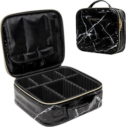 Makeup Bag Travel Case, Not-Made In China, Hard Train Case for Cosmetics, Portable Beauty Artists Organizer, Storage Box With Adjustable Dividers For Make Up and Brushes, Small Marble