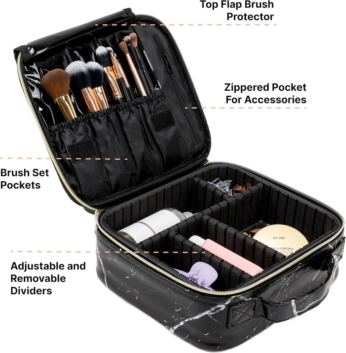Makeup Bag Travel Case, Not-Made In China, Hard Train Case for Cosmetics, Portable Beauty Artists Organizer, Storage Box With Adjustable Dividers For Make Up and Brushes, Small Marble