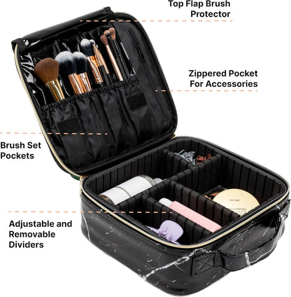 Makeup Bag Travel Case, Not-Made In China, Hard Train Case for Cosmetics, Portable Beauty Artists Organizer, Storage Box With Adjustable Dividers For Make Up and Brushes, Small Marble