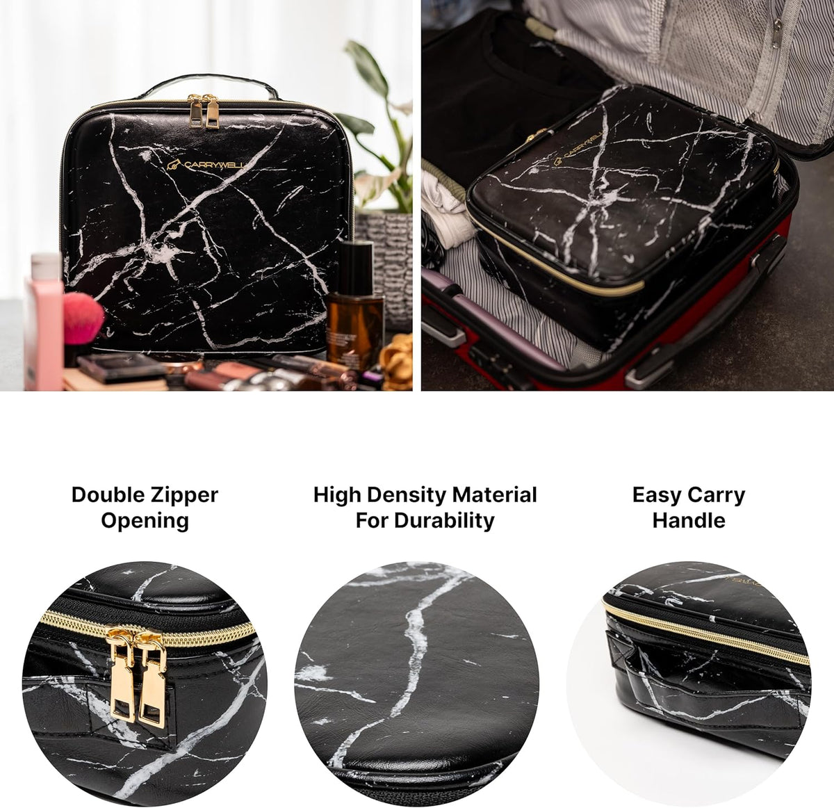 Makeup Bag Travel Case, Not-Made In China, Hard Train Case for Cosmetics, Portable Beauty Artists Organizer, Storage Box With Adjustable Dividers For Make Up and Brushes, Small Marble
