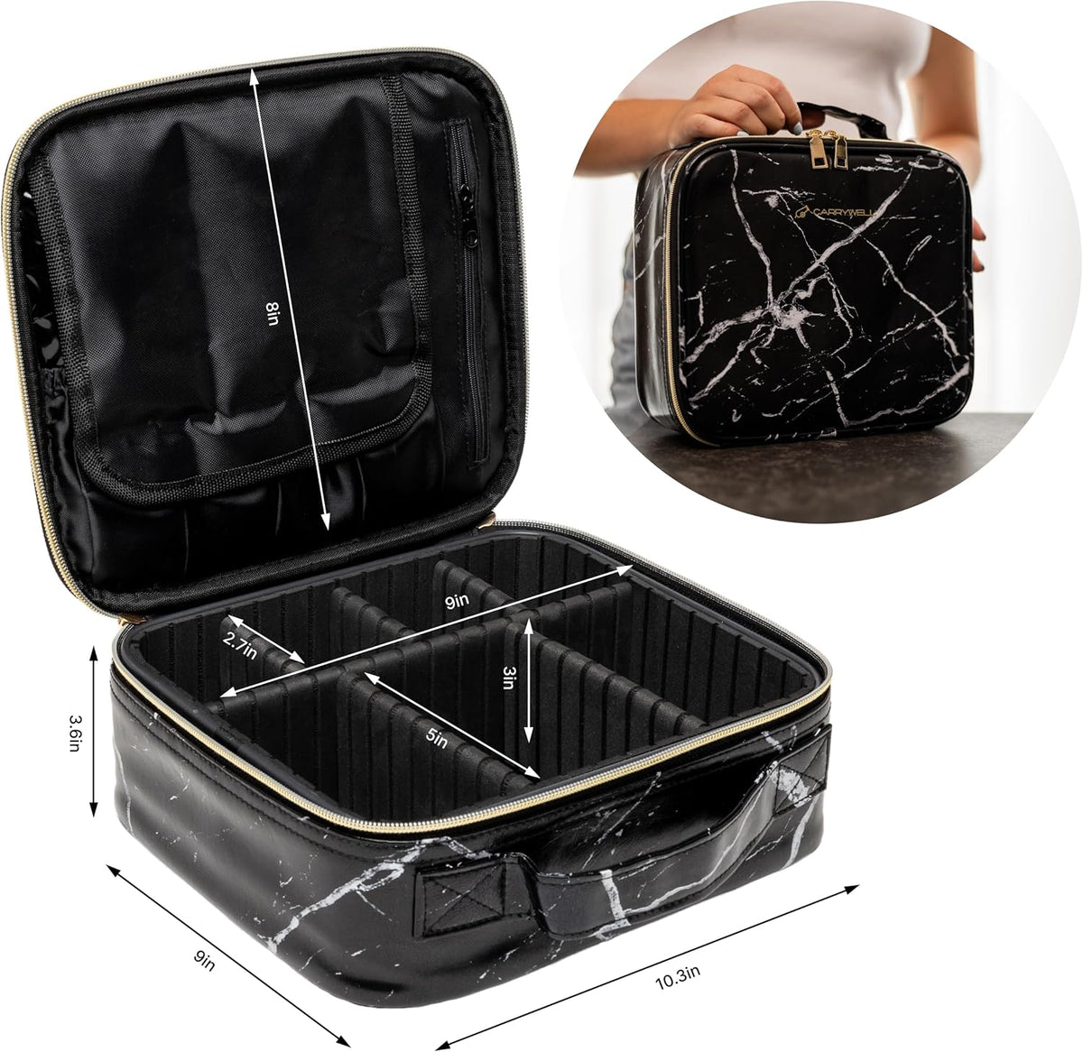 Makeup Bag Travel Case, Not-Made In China, Hard Train Case for Cosmetics, Portable Beauty Artists Organizer, Storage Box With Adjustable Dividers For Make Up and Brushes, Small Marble