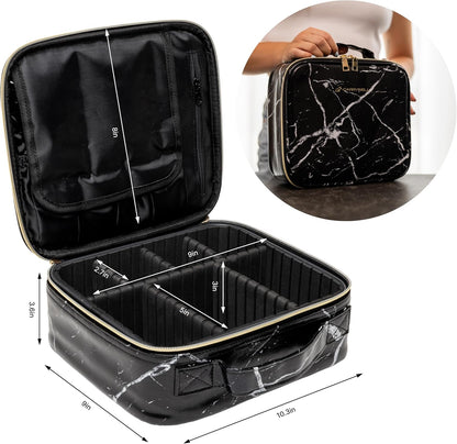 Makeup Bag Travel Case, Not-Made In China, Hard Train Case for Cosmetics, Portable Beauty Artists Organizer, Storage Box With Adjustable Dividers For Make Up and Brushes, Small Marble