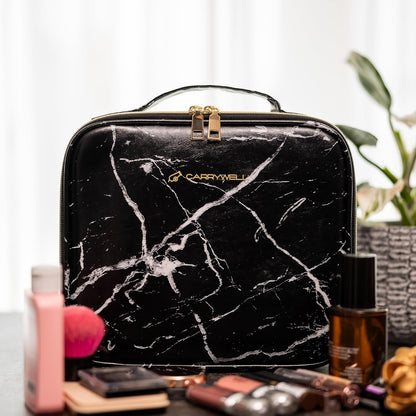 Makeup Bag Travel Case, Not-Made In China, Hard Train Case for Cosmetics, Portable Beauty Artists Organizer, Storage Box With Adjustable Dividers For Make Up and Brushes, Small Marble