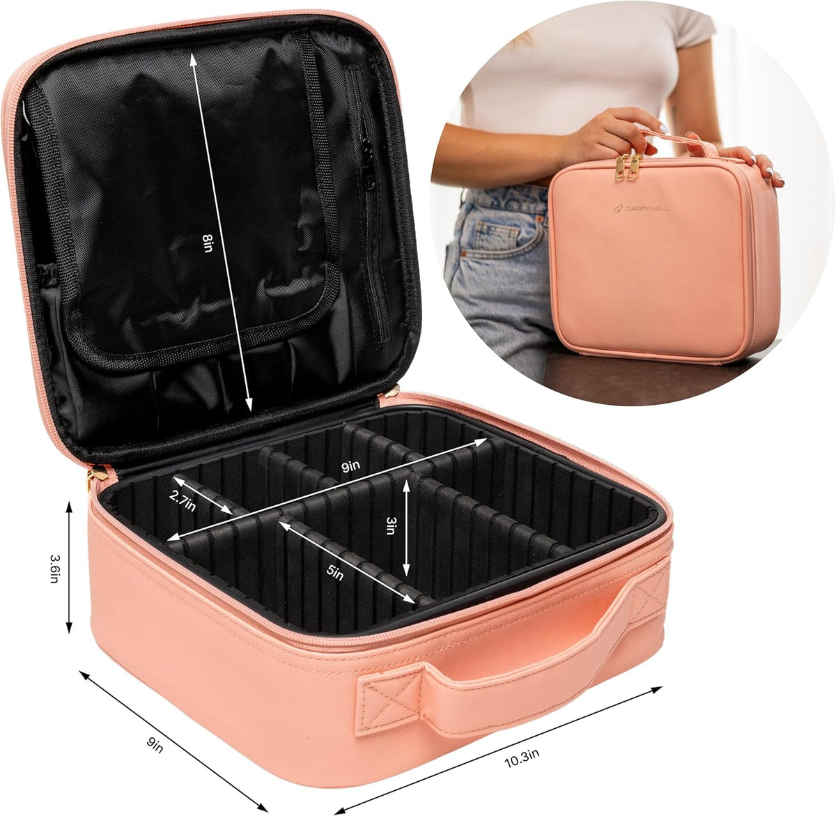 Makeup Bag Travel Case, Not-Made In China, Hard Train Case for Cosmetics, Portable Beauty Artists Organizer, Storage Box With Adjustable Dividers For Make Up and Brushes, Small Marble