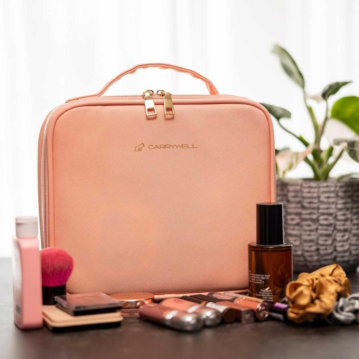Makeup Bag Travel Case, Not-Made In China, Hard Train Case for Cosmetics, Portable Beauty Artists Organizer, Storage Box With Adjustable Dividers For Make Up and Brushes, Small Marble