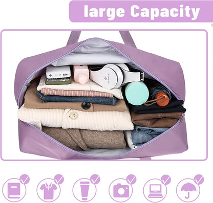 Travel Bag for Women Expandable Weekender Overnight Bag Carry on Sports Tote Gym Bag Waterproof Foldable Duffel Bag (Purple)