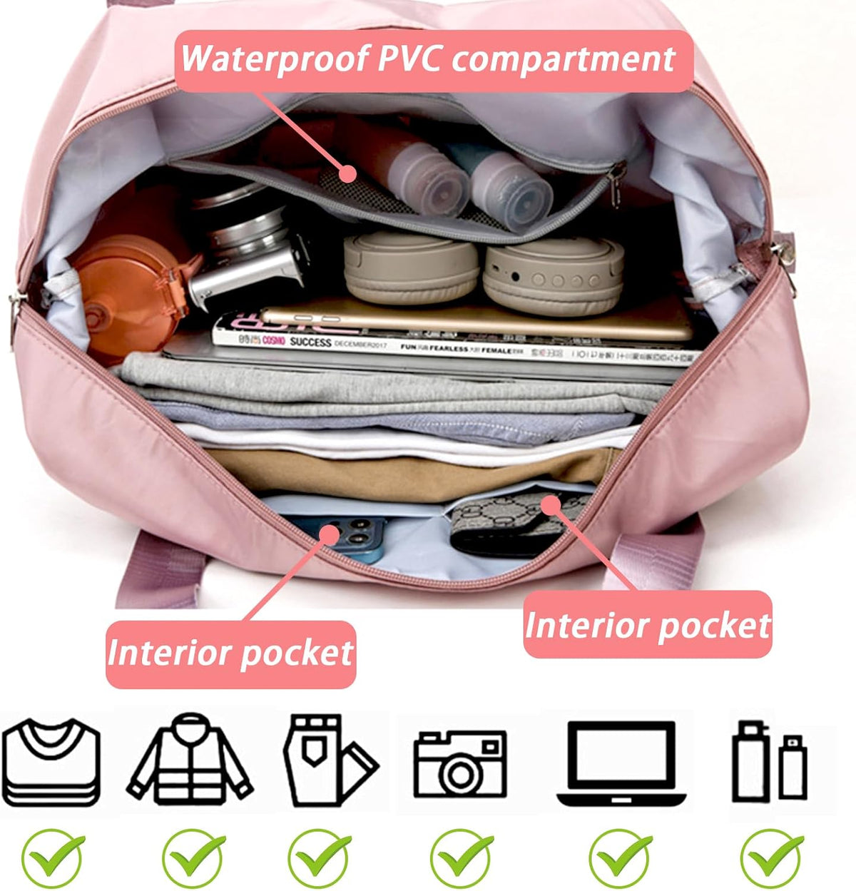 Travel Bag for Women Expandable Weekender Overnight Bag Carry on Sports Tote Gym Bag Waterproof Foldable Duffel Bag (Purple)