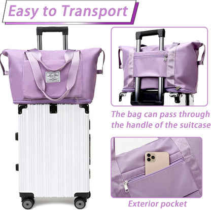Travel Bag for Women Expandable Weekender Overnight Bag Carry on Sports Tote Gym Bag Waterproof Foldable Duffel Bag (Purple)