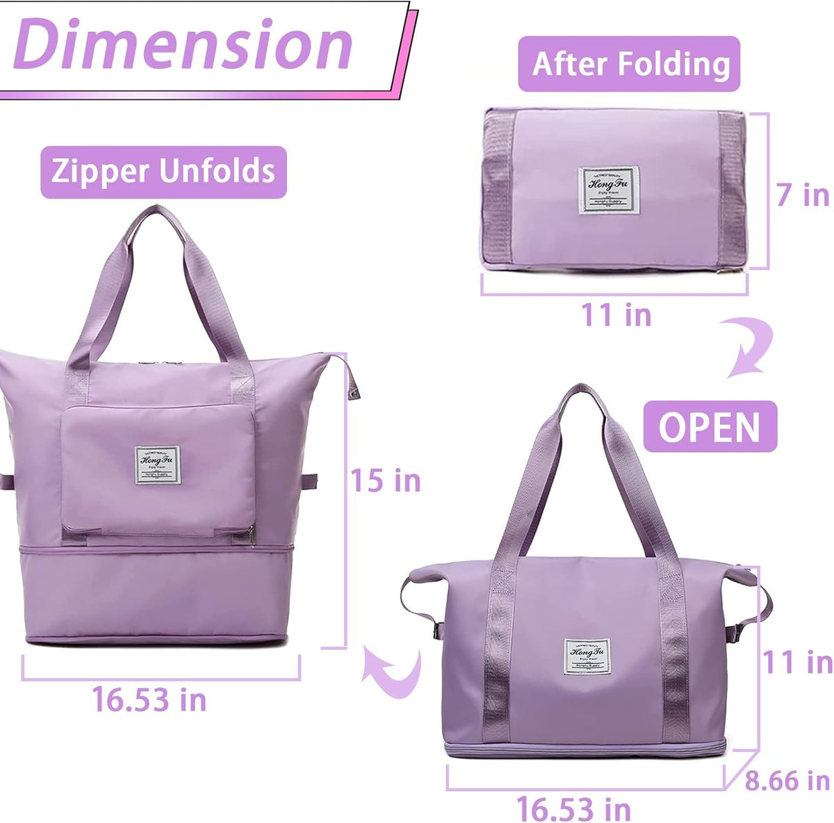 Travel Bag for Women Expandable Weekender Overnight Bag Carry on Sports Tote Gym Bag Waterproof Foldable Duffel Bag (Purple)