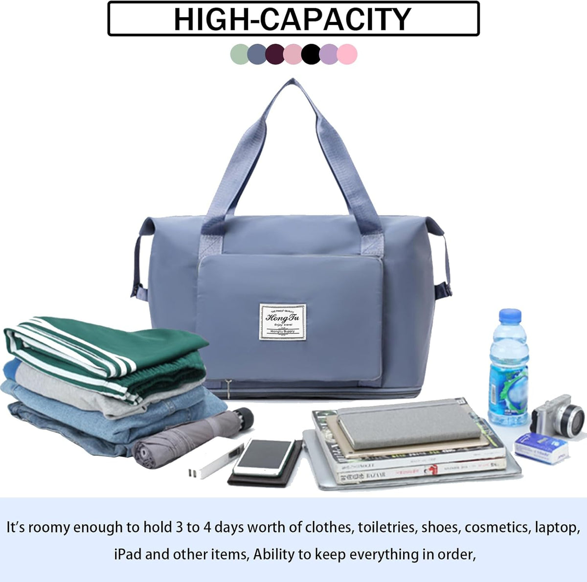 Travel Bag for Women Expandable Weekender Overnight Bag Carry on Sports Tote Gym Bag Waterproof Foldable Duffel Bag (Purple)