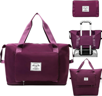 Travel Bag for Women Expandable Weekender Overnight Bag Carry on Sports Tote Gym Bag Waterproof Foldable Duffel Bag (Purple)