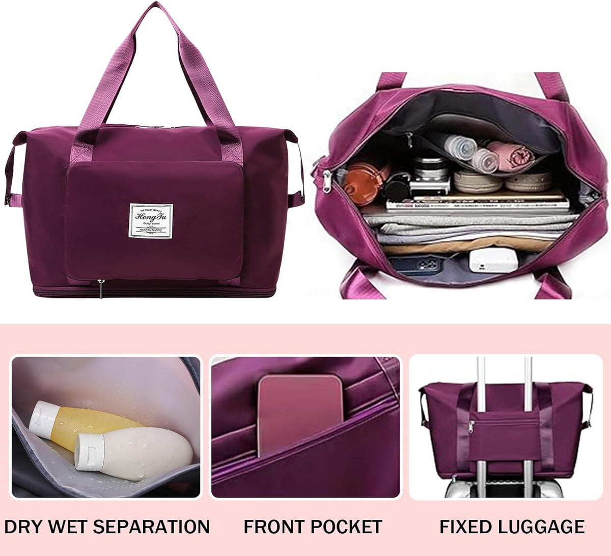 Travel Bag for Women Expandable Weekender Overnight Bag Carry on Sports Tote Gym Bag Waterproof Foldable Duffel Bag (Purple)