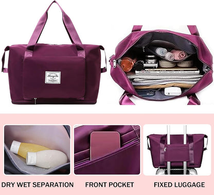 Travel Bag for Women Expandable Weekender Overnight Bag Carry on Sports Tote Gym Bag Waterproof Foldable Duffel Bag (Purple)