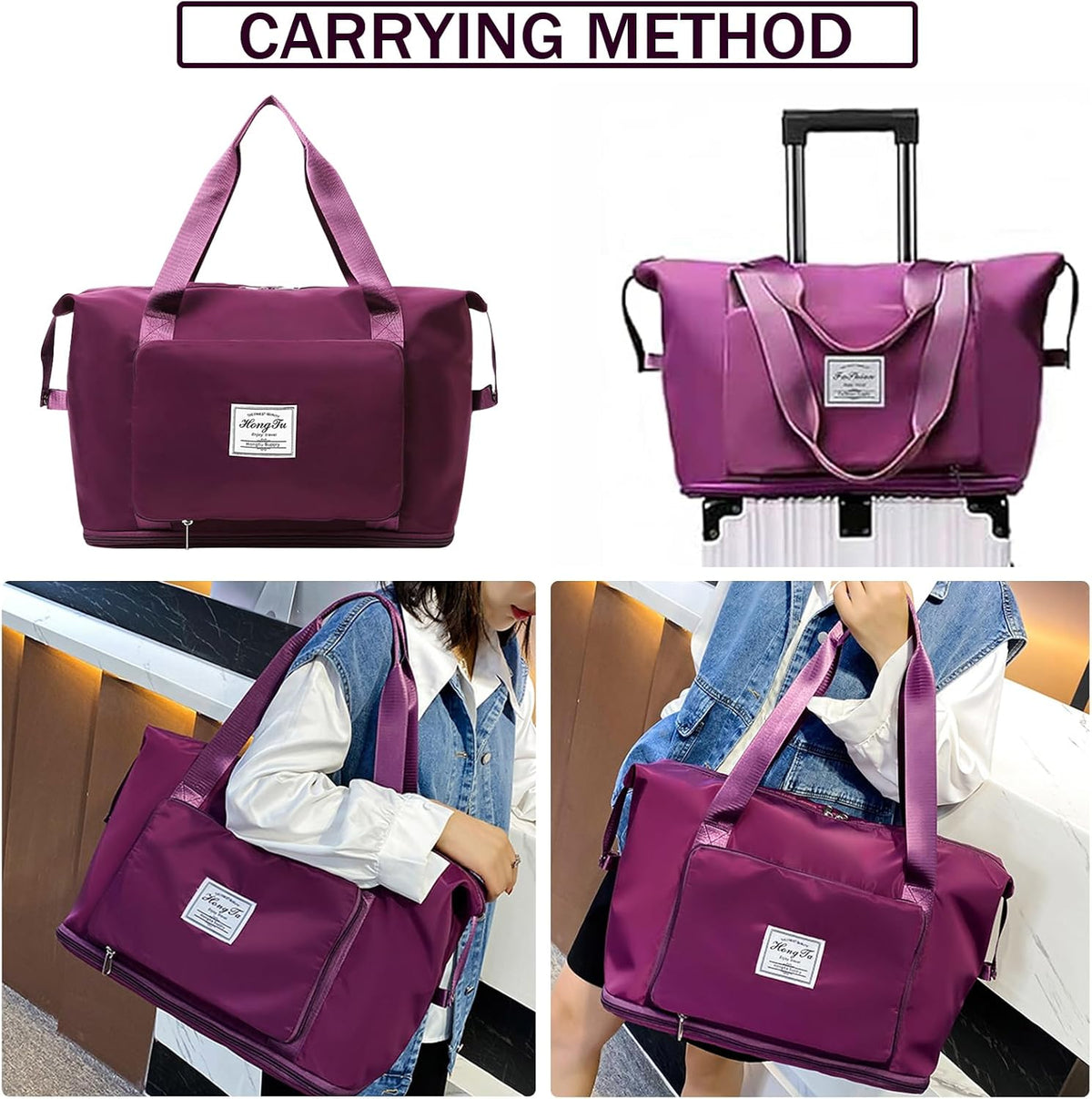 Travel Bag for Women Expandable Weekender Overnight Bag Carry on Sports Tote Gym Bag Waterproof Foldable Duffel Bag (Purple)