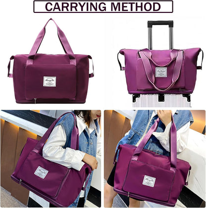 Travel Bag for Women Expandable Weekender Overnight Bag Carry on Sports Tote Gym Bag Waterproof Foldable Duffel Bag (Purple)