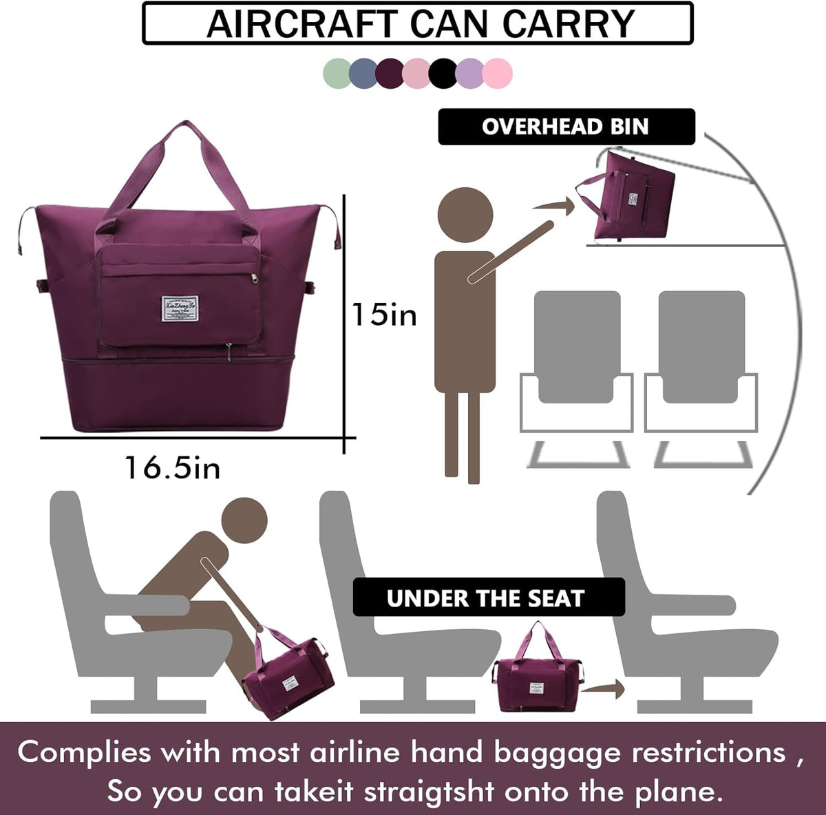 Travel Bag for Women Expandable Weekender Overnight Bag Carry on Sports Tote Gym Bag Waterproof Foldable Duffel Bag (Purple)