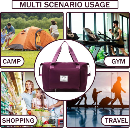 Travel Bag for Women Expandable Weekender Overnight Bag Carry on Sports Tote Gym Bag Waterproof Foldable Duffel Bag (Purple)