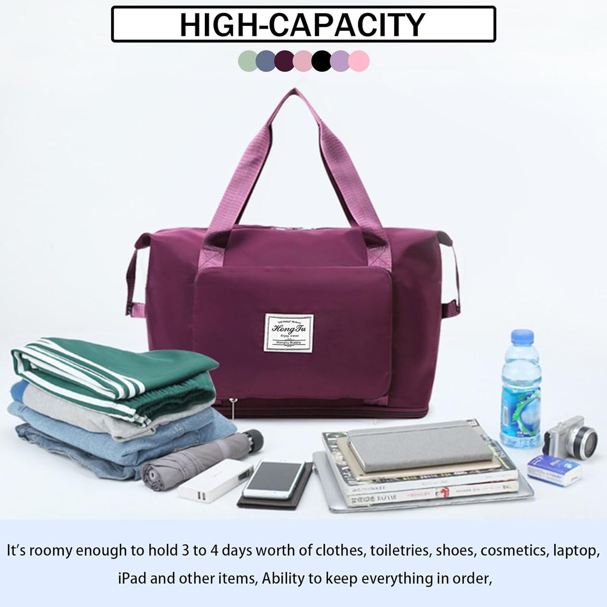 Travel Bag for Women Expandable Weekender Overnight Bag Carry on Sports Tote Gym Bag Waterproof Foldable Duffel Bag (Purple)