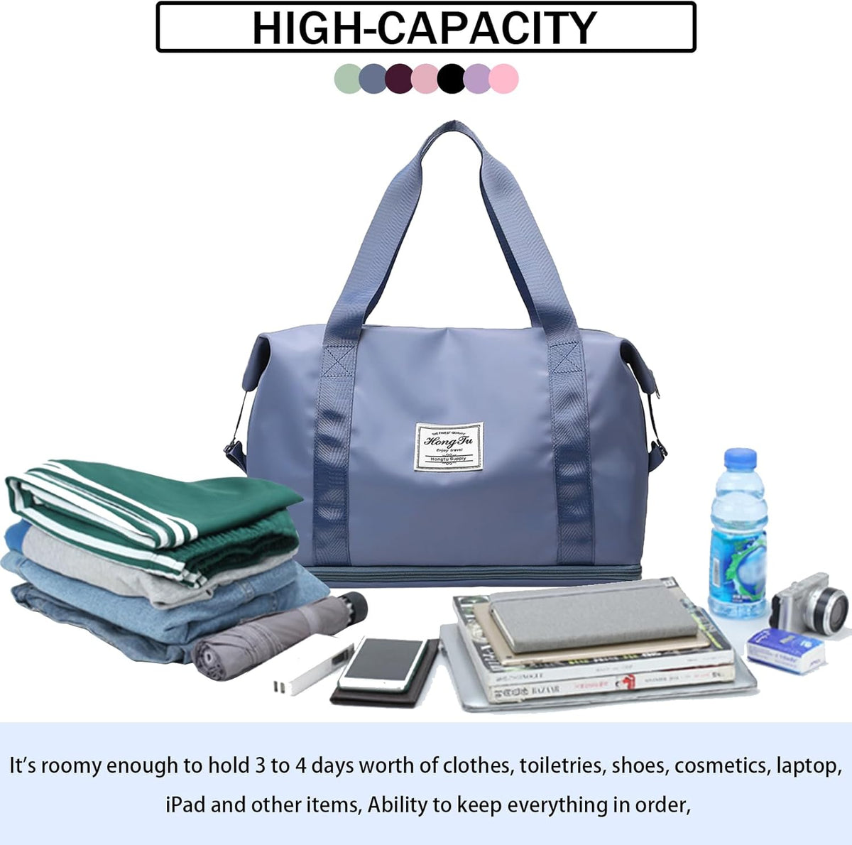 Travel Bag for Women Expandable Weekender Overnight Bag Carry on Sports Tote Gym Bag Waterproof Foldable Duffel Bag (Purple)