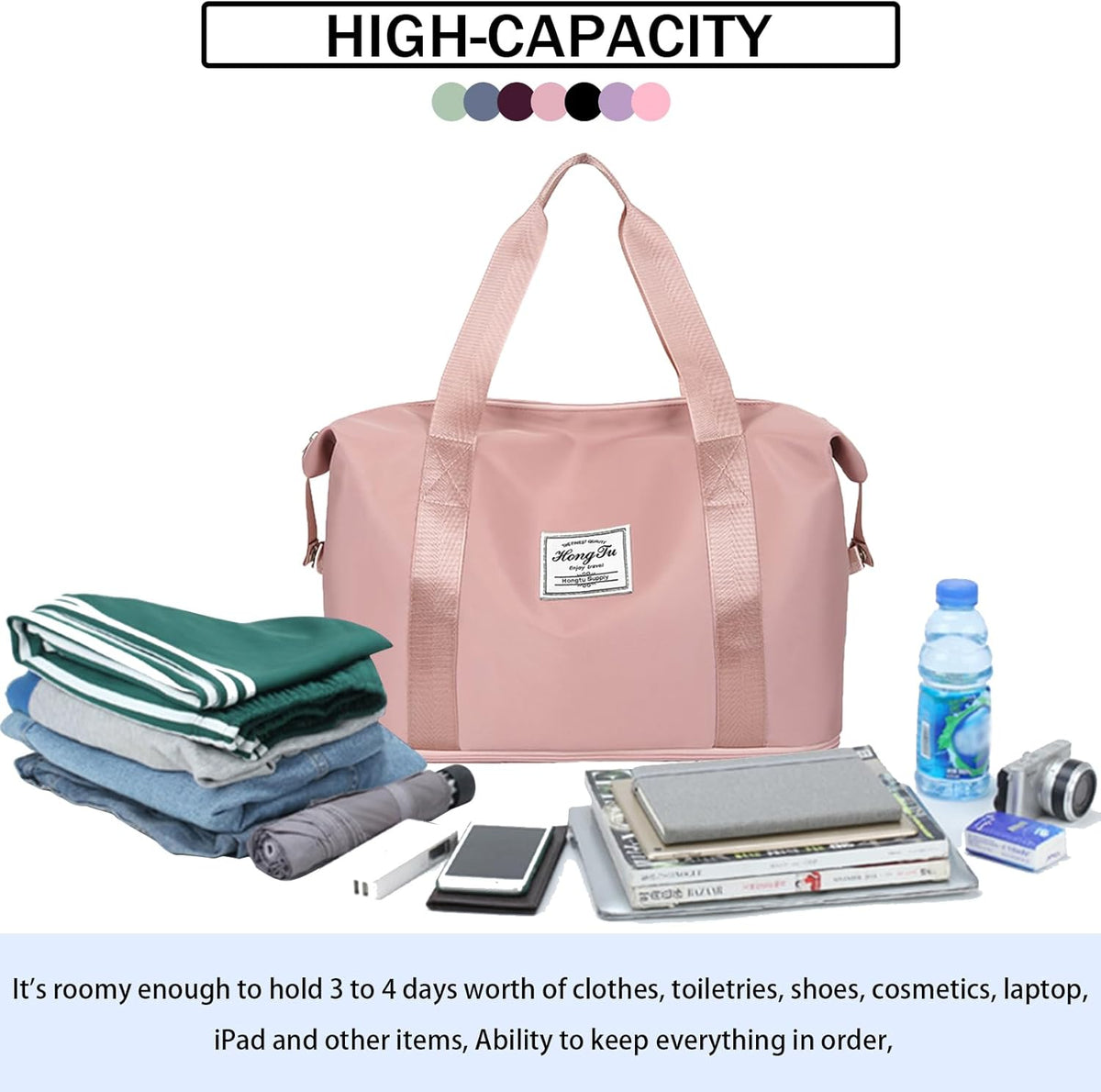 Travel Bag for Women Expandable Weekender Overnight Bag Carry on Sports Tote Gym Bag Waterproof Foldable Duffel Bag (Purple)