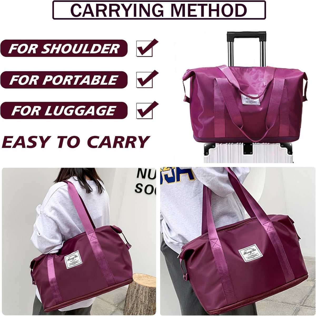 Travel Bag for Women Expandable Weekender Overnight Bag Carry on Sports Tote Gym Bag Waterproof Foldable Duffel Bag (Purple)