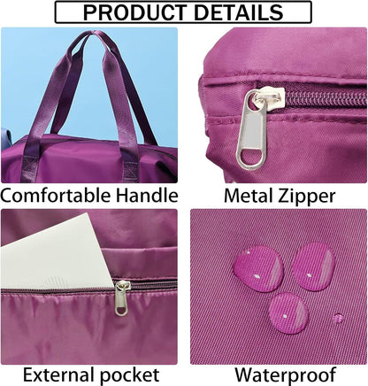 Travel Bag for Women Expandable Weekender Overnight Bag Carry on Sports Tote Gym Bag Waterproof Foldable Duffel Bag (Purple)