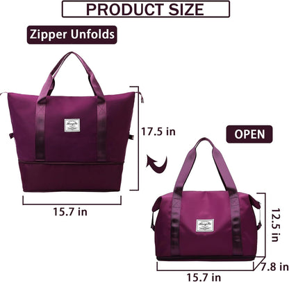 Travel Bag for Women Expandable Weekender Overnight Bag Carry on Sports Tote Gym Bag Waterproof Foldable Duffel Bag (Purple)