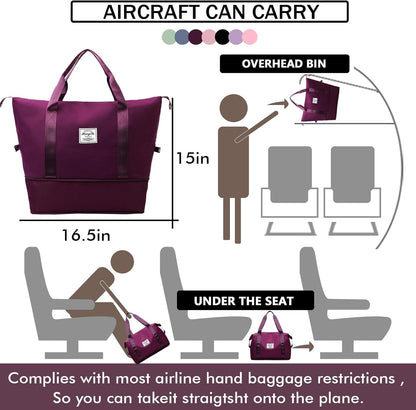 Travel Bag for Women Expandable Weekender Overnight Bag Carry on Sports Tote Gym Bag Waterproof Foldable Duffel Bag (Purple)