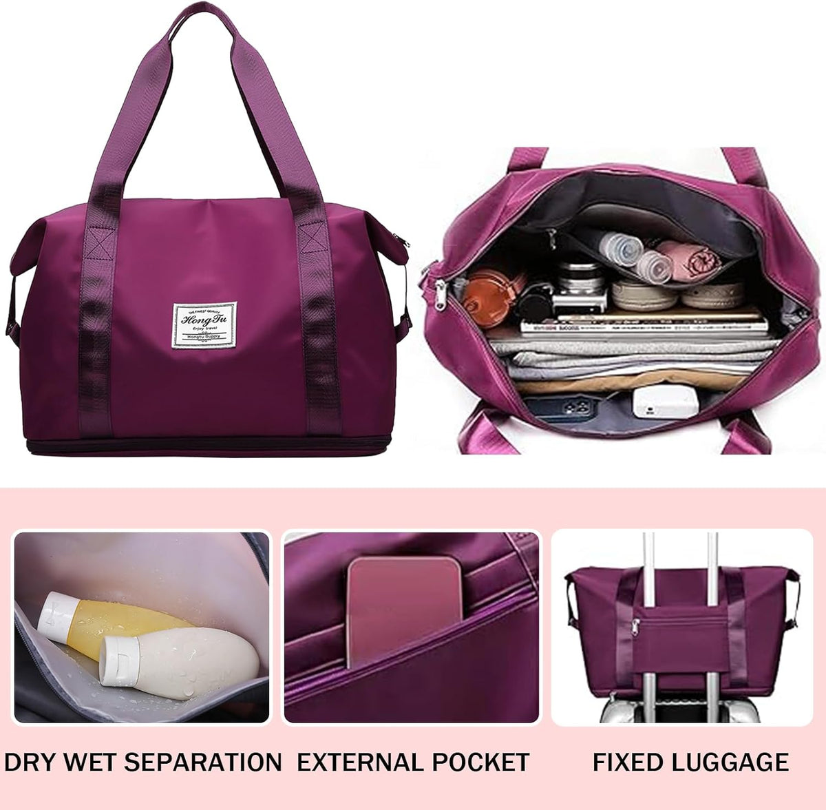 Travel Bag for Women Expandable Weekender Overnight Bag Carry on Sports Tote Gym Bag Waterproof Foldable Duffel Bag (Purple)