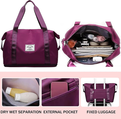 Travel Bag for Women Expandable Weekender Overnight Bag Carry on Sports Tote Gym Bag Waterproof Foldable Duffel Bag (Purple)