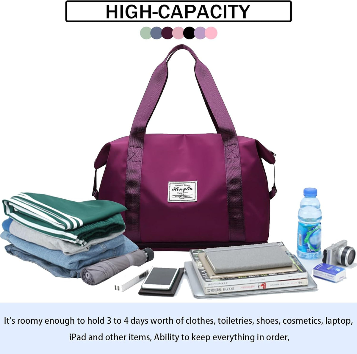 Travel Bag for Women Expandable Weekender Overnight Bag Carry on Sports Tote Gym Bag Waterproof Foldable Duffel Bag (Purple)