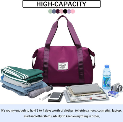Travel Bag for Women Expandable Weekender Overnight Bag Carry on Sports Tote Gym Bag Waterproof Foldable Duffel Bag (Purple)