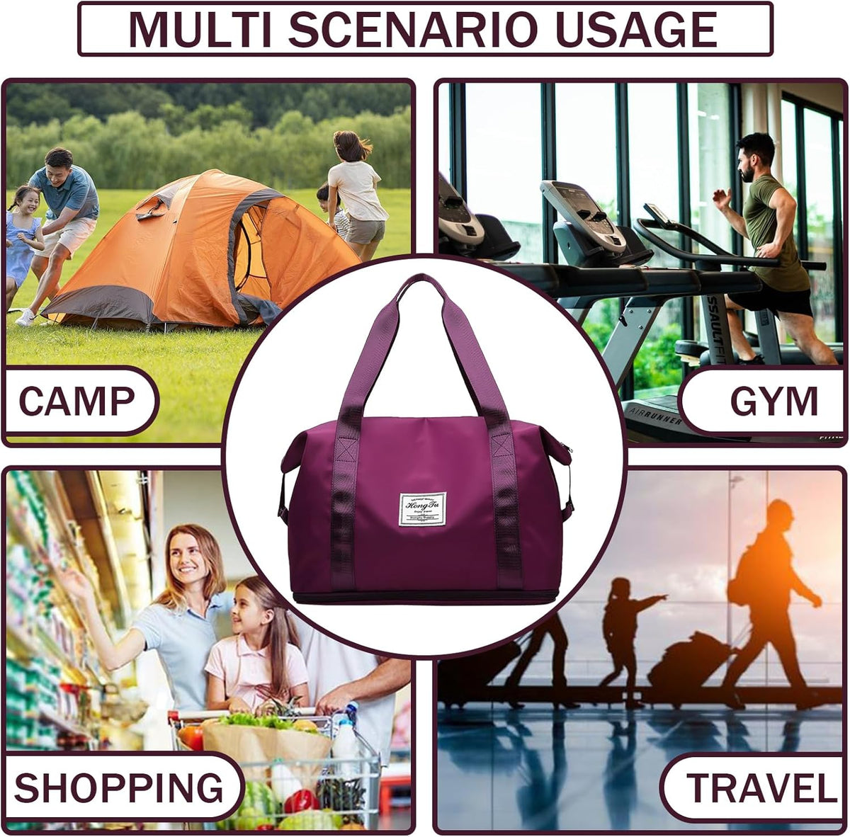 Travel Bag for Women Expandable Weekender Overnight Bag Carry on Sports Tote Gym Bag Waterproof Foldable Duffel Bag (Purple)