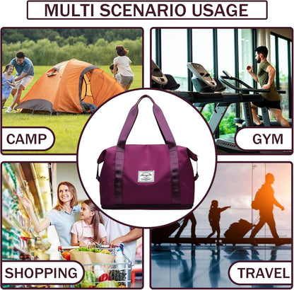 Travel Bag for Women Expandable Weekender Overnight Bag Carry on Sports Tote Gym Bag Waterproof Foldable Duffel Bag (Purple)