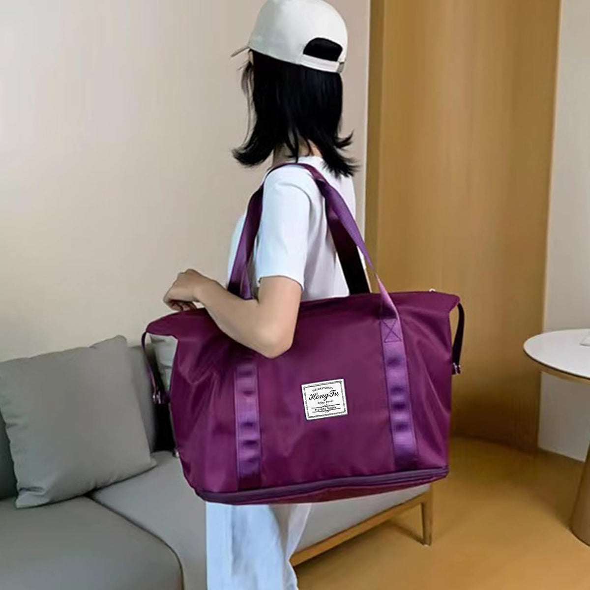 Travel Bag for Women Expandable Weekender Overnight Bag Carry on Sports Tote Gym Bag Waterproof Foldable Duffel Bag (Purple)