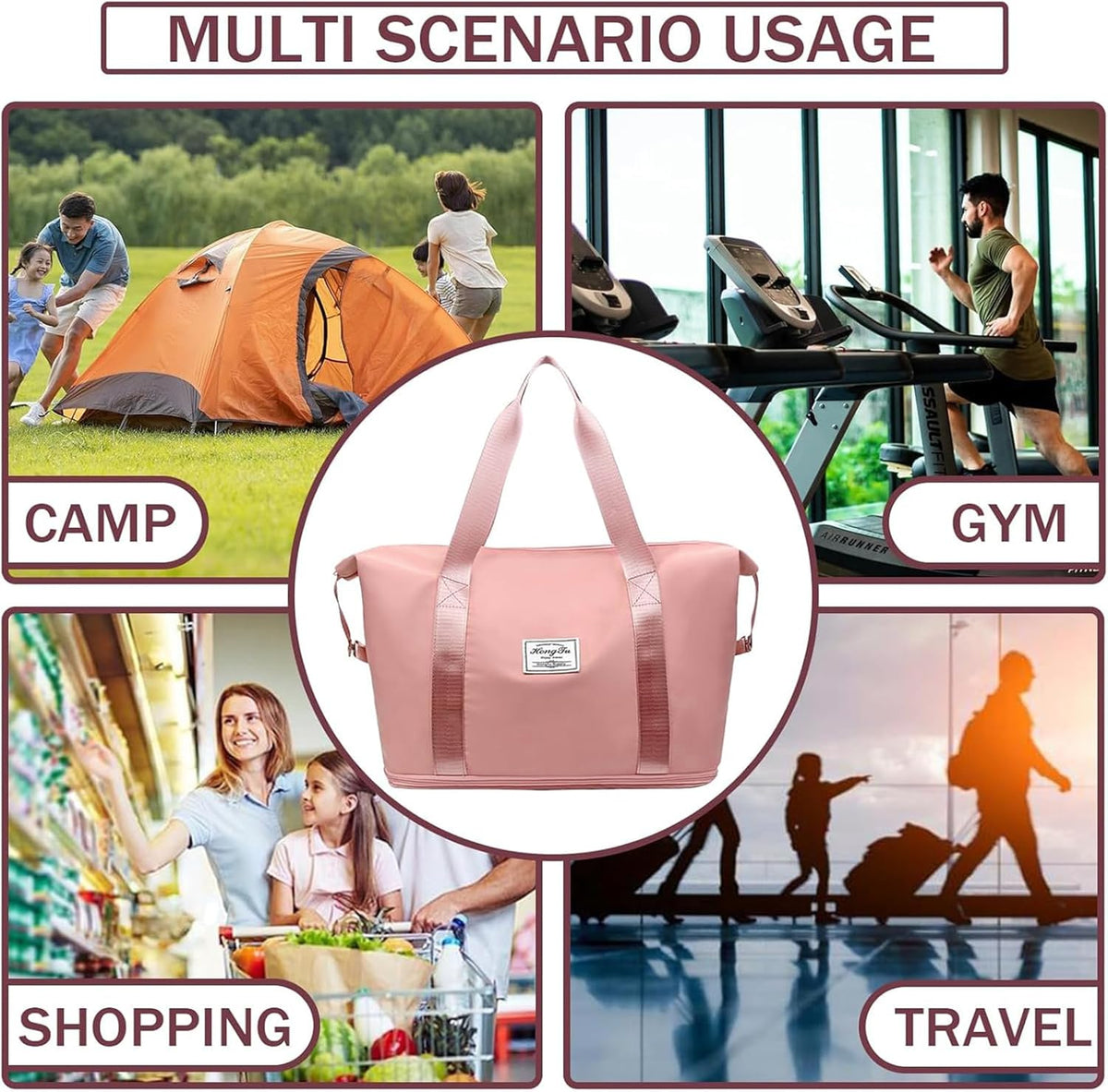 Travel Bag for Women Expandable Weekender Overnight Bag Carry on Sports Tote Gym Bag Waterproof Foldable Duffel Bag (Purple)