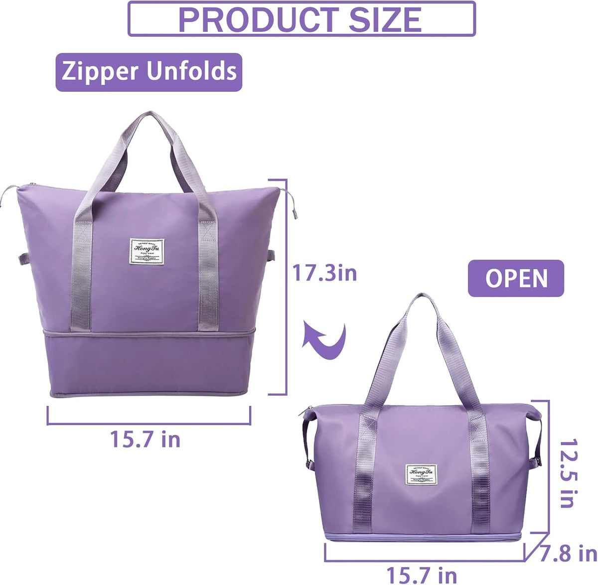 Travel Bag for Women Expandable Weekender Overnight Bag Carry on Sports Tote Gym Bag Waterproof Foldable Duffel Bag (Purple)