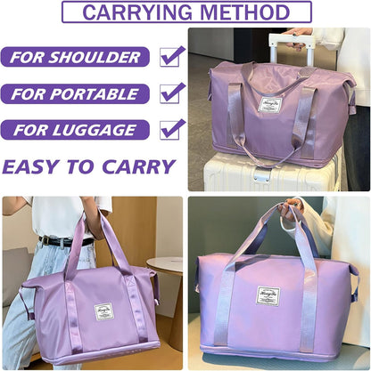 Travel Bag for Women Expandable Weekender Overnight Bag Carry on Sports Tote Gym Bag Waterproof Foldable Duffel Bag (Purple)