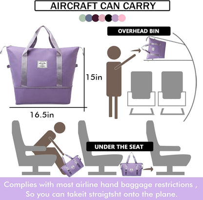 Travel Bag for Women Expandable Weekender Overnight Bag Carry on Sports Tote Gym Bag Waterproof Foldable Duffel Bag (Purple)