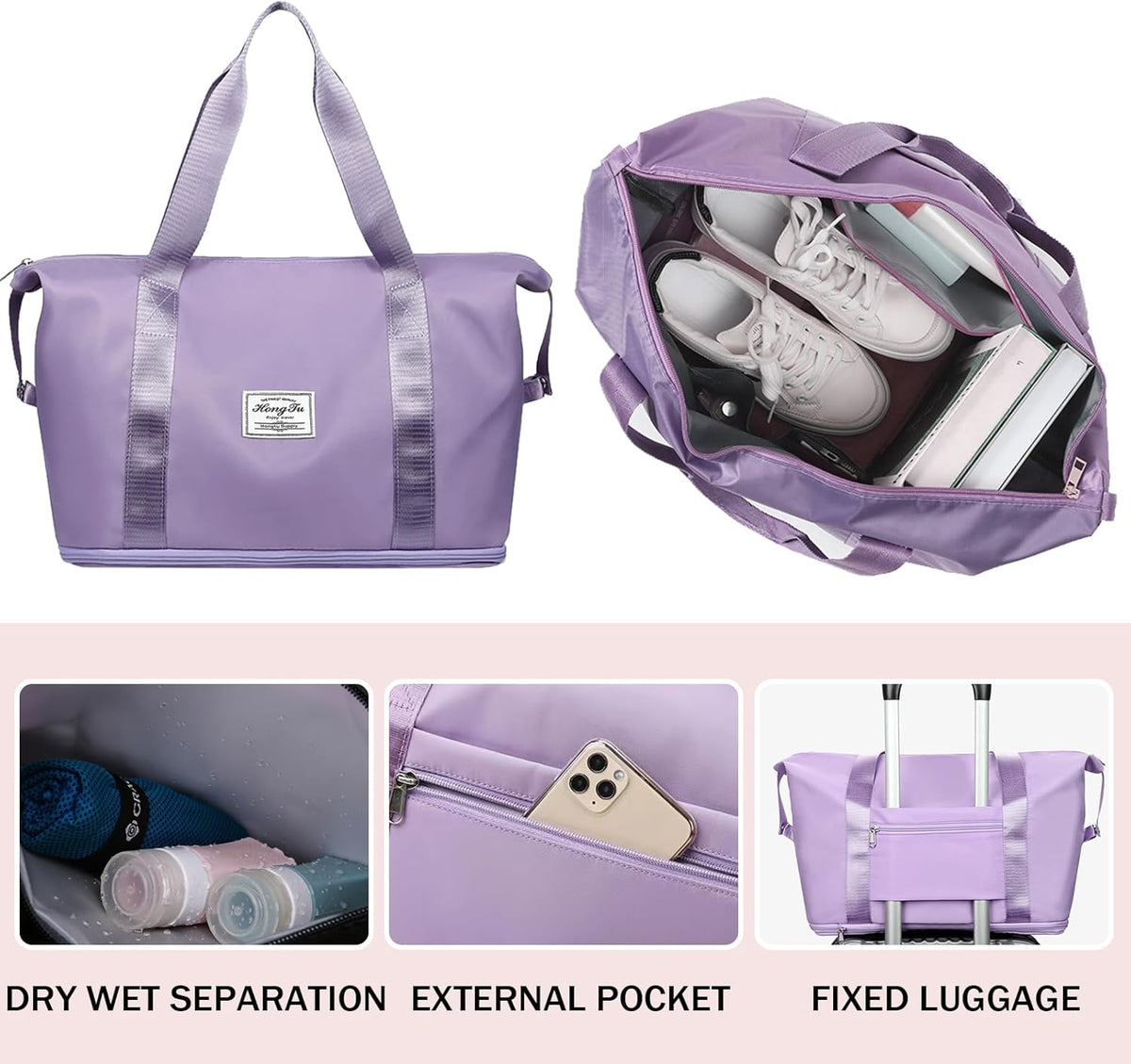 Travel Bag for Women Expandable Weekender Overnight Bag Carry on Sports Tote Gym Bag Waterproof Foldable Duffel Bag (Purple)