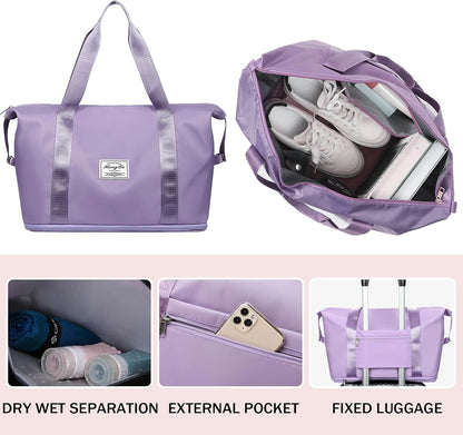 Travel Bag for Women Expandable Weekender Overnight Bag Carry on Sports Tote Gym Bag Waterproof Foldable Duffel Bag (Purple)